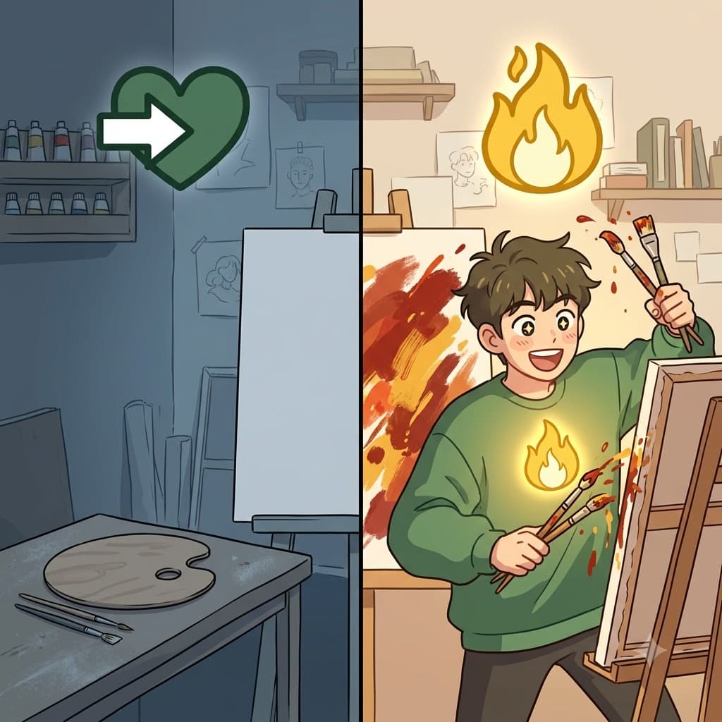 Feeling a glowing spark of inspiration inside his heart, the young painter enthusiastically splashed bright colors across the canvas.