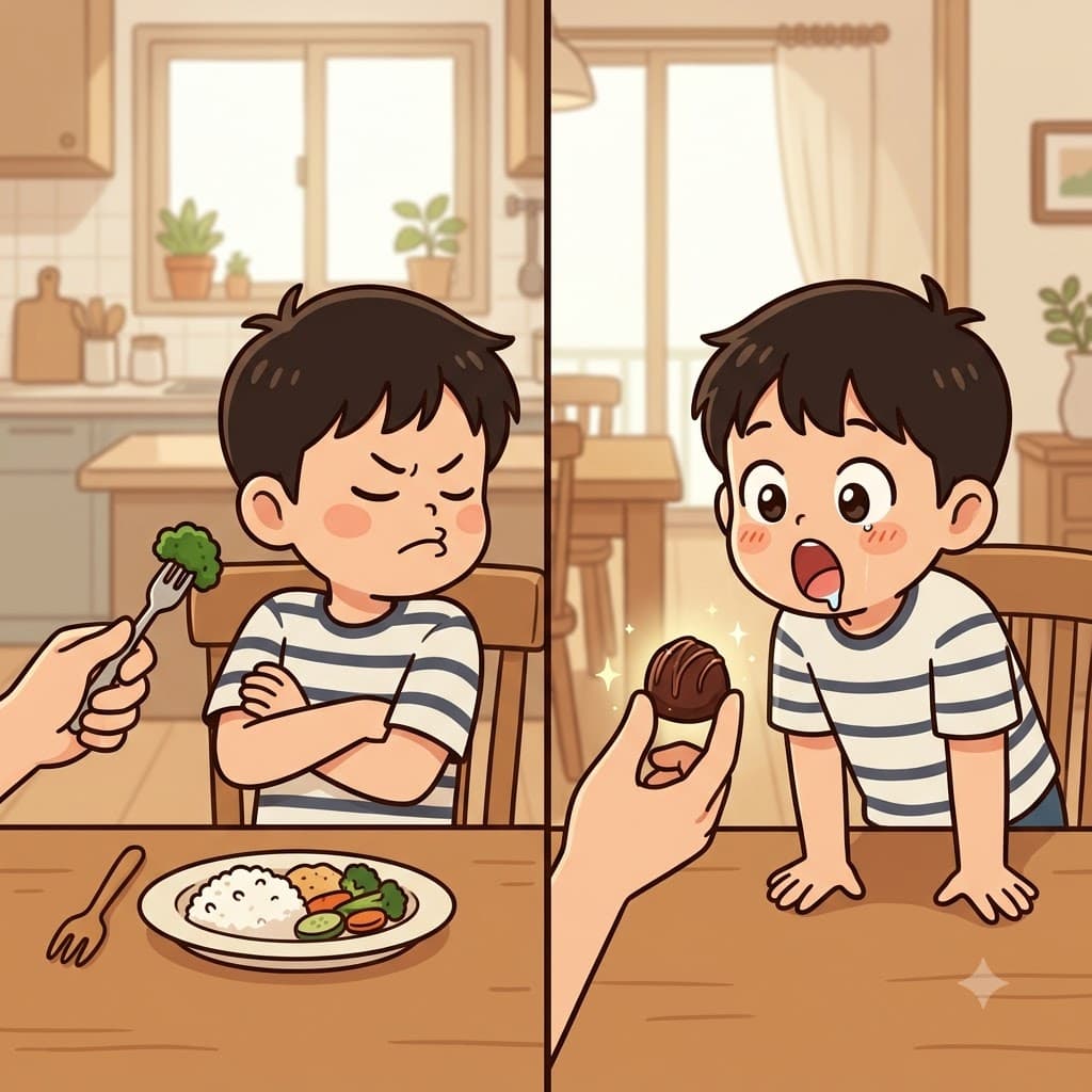While the child stubbornly refused to eat the broccoli, the glowing piece of chocolate easily enticed him to open his mouth wide.
