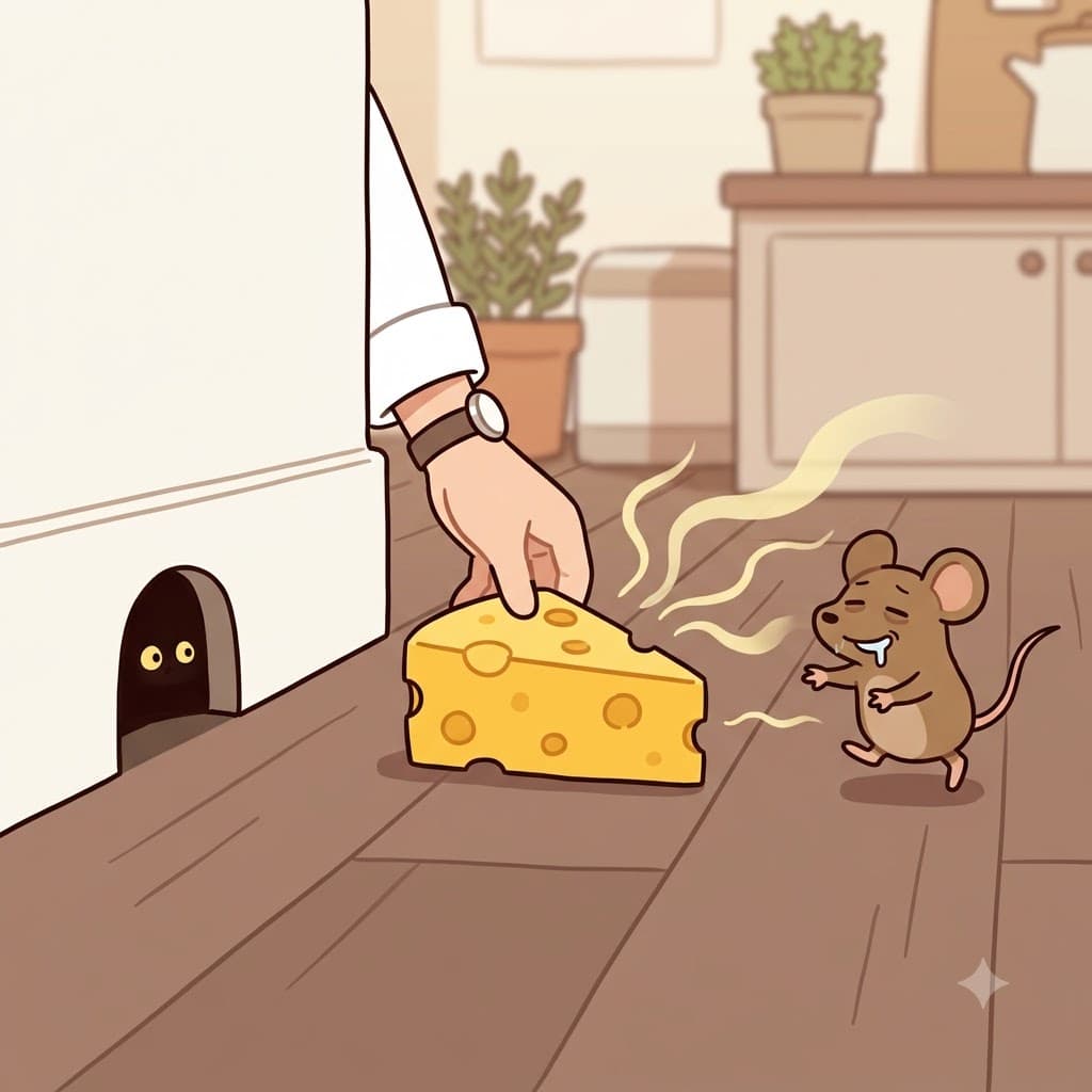 Hoping to safely catch the hiding mouse, the chef used a glowing, delicious slice of yellow cheese to powerfully entice it out of the hole.