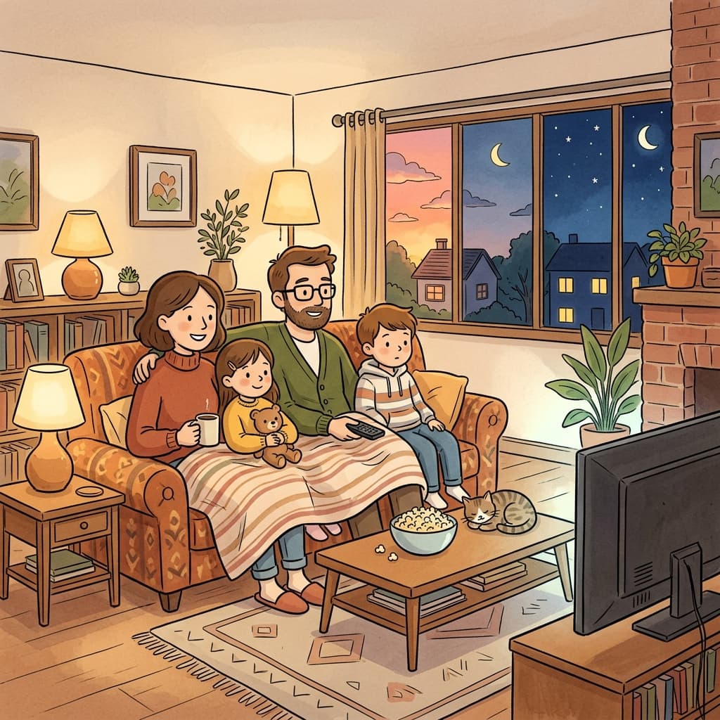 The family watched the movie entirely from beginning to end without taking a break.
