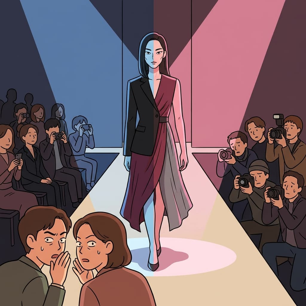 The model's epicene look blurred the line between masculine and feminine on the runway.