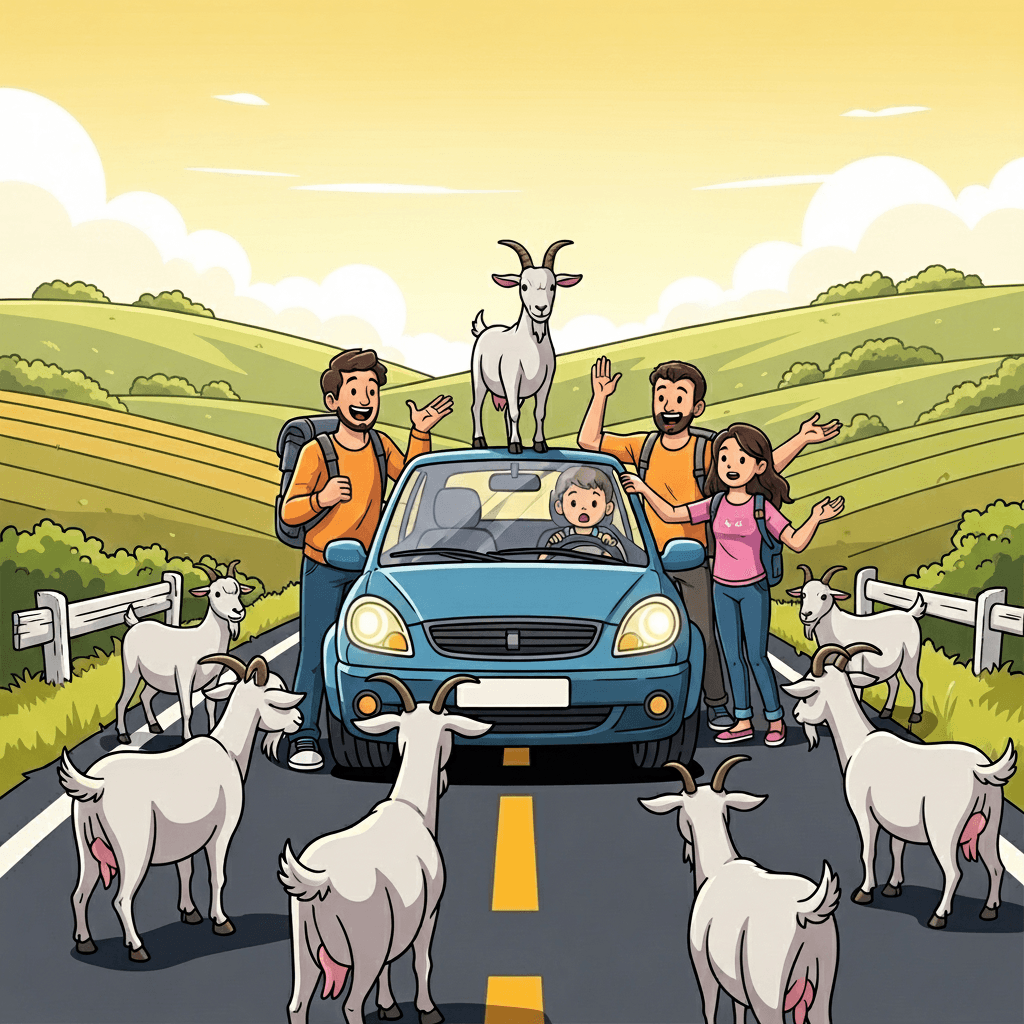 During the long journey, a funny episode suddenly happens along the road.