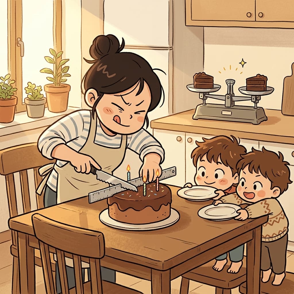 Two children get equal slices of birthday cake, measured carefully.