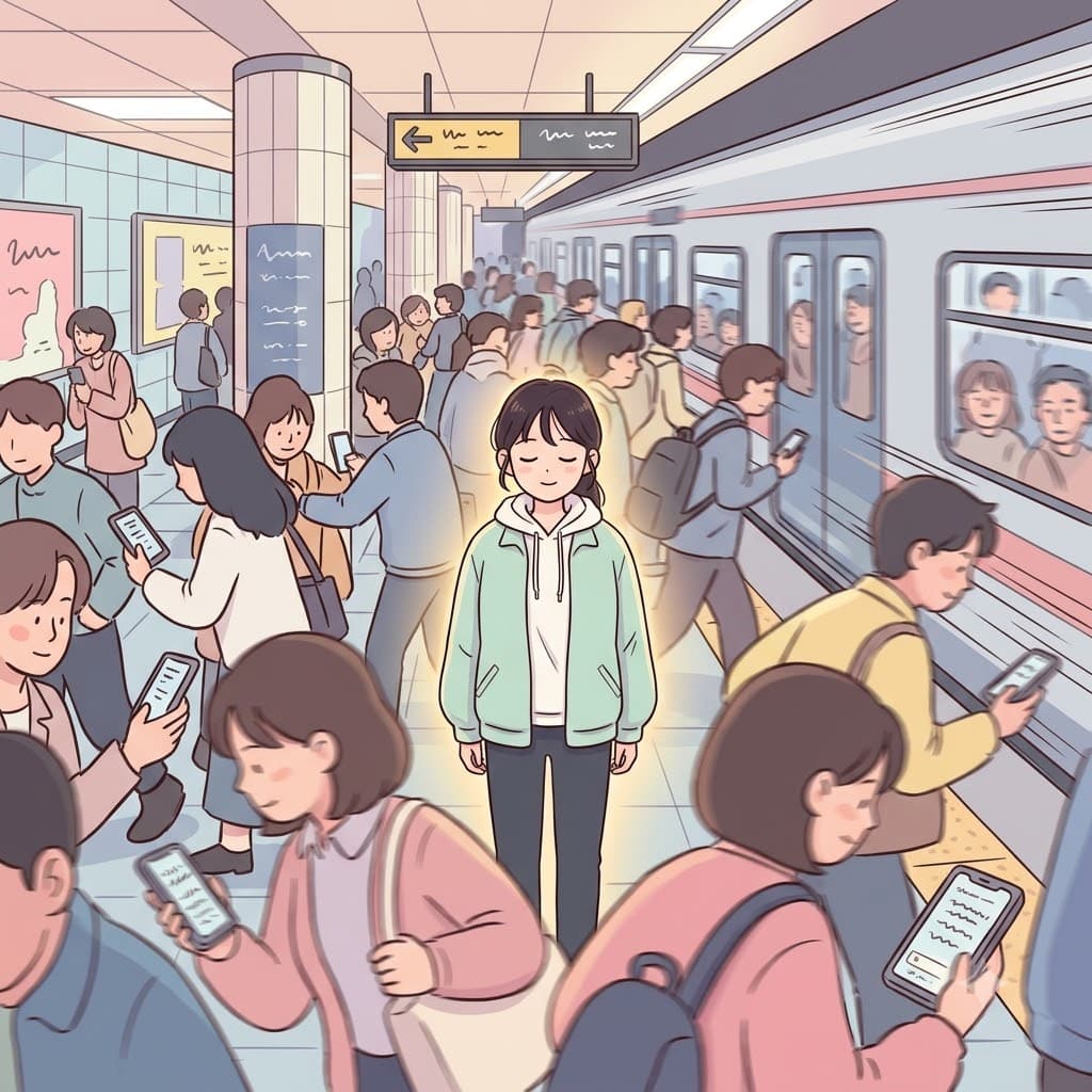 While the crowded platform bustled around her, she stood quietly with a calm mind, showing remarkable equanimity.