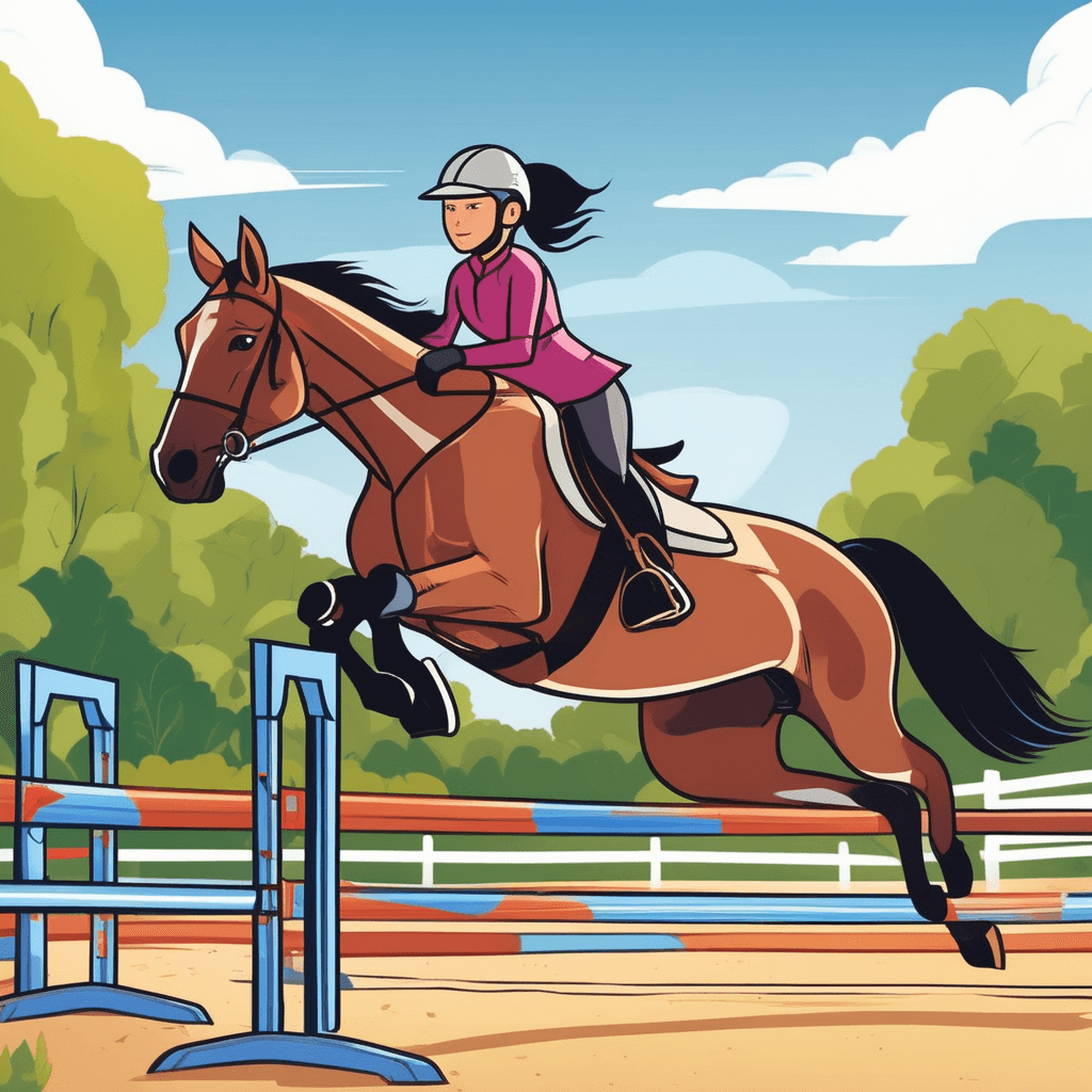 a skilled rider in proper riding gear guides her horse over a colorful jumping obstacle. The horse's muscles tense as it launches gracefully into the air with perfect form. The rider maintains perfect balance and posture as they clear the jump together. Their synchronized movement demonstrates years of training and partnership. Other riders practice in the background while a trainer watches approvingly from the sidelines. Horses in nearby stalls look on as the pair lands smoothly on the other side. activities relating to horseback riding and horses