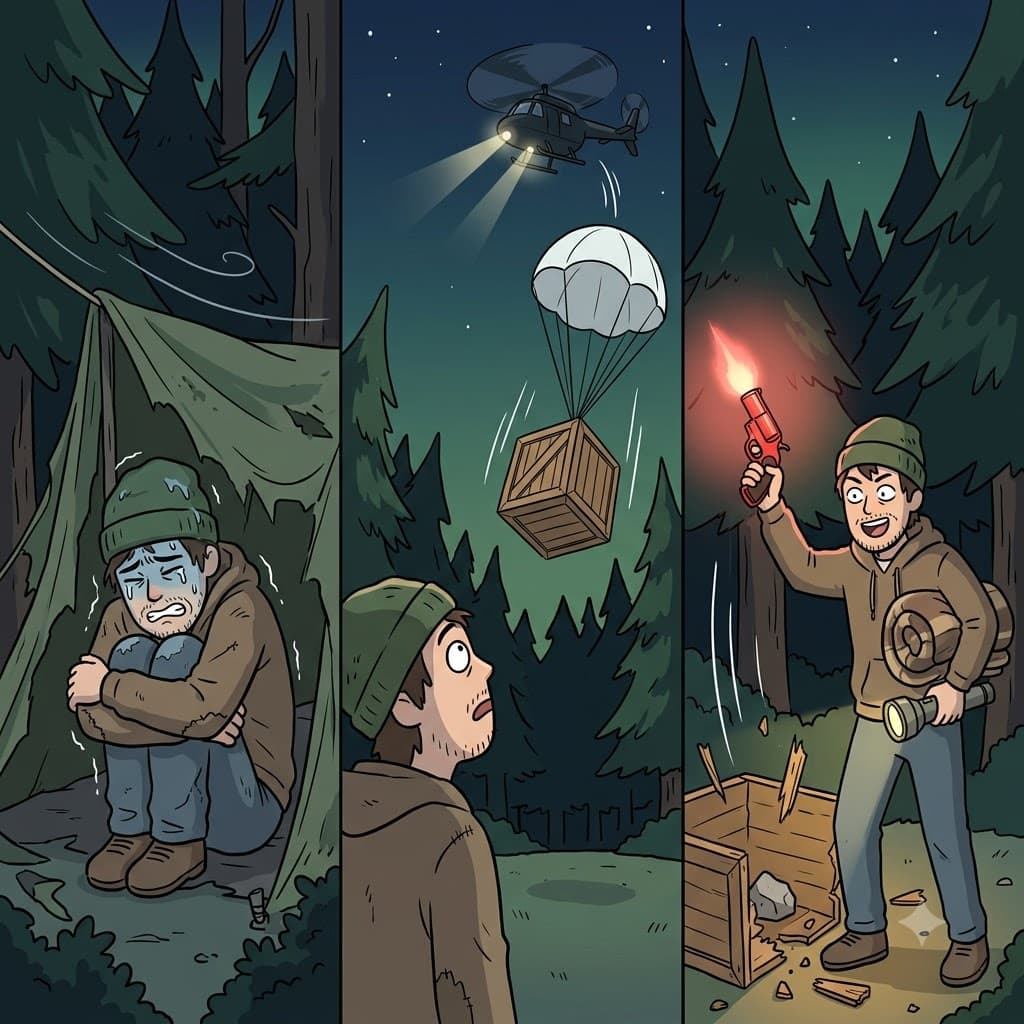 Shivering inside his broken tent, he cheered when the rescue helicopter finally sent a heavy box of survival equipment.