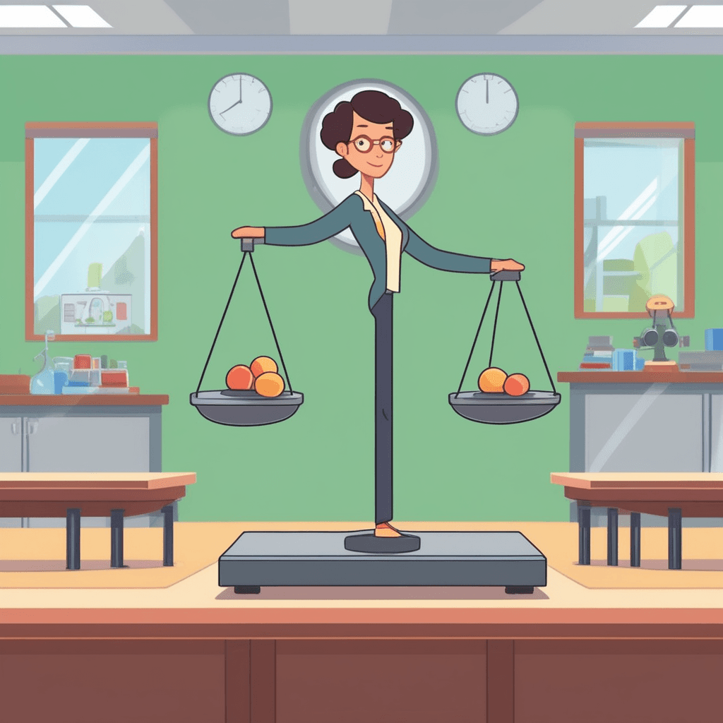 a science teacher carefully places small weights on both sides of a sensitive balance scale. She adjusts the weights with precise movements to find the exact balance point. The scale's arms slowly settle into perfect horizontal alignment as equal forces oppose each other. Students gather around watching intently as the delicate equilibrium is achieved. a state of balance between opposing forces where neither side dominates the other