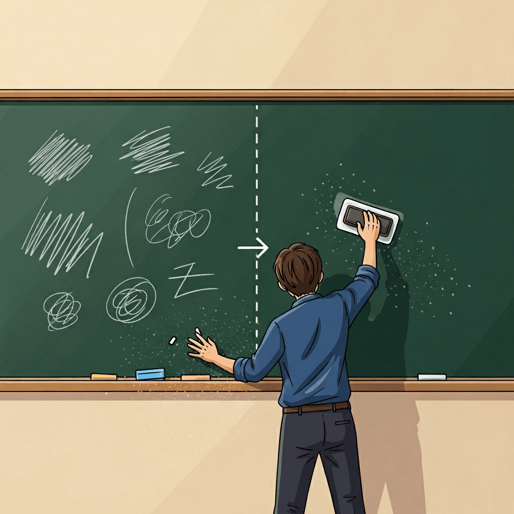 A teacher erases the chalk marks, and the board becomes clean again.