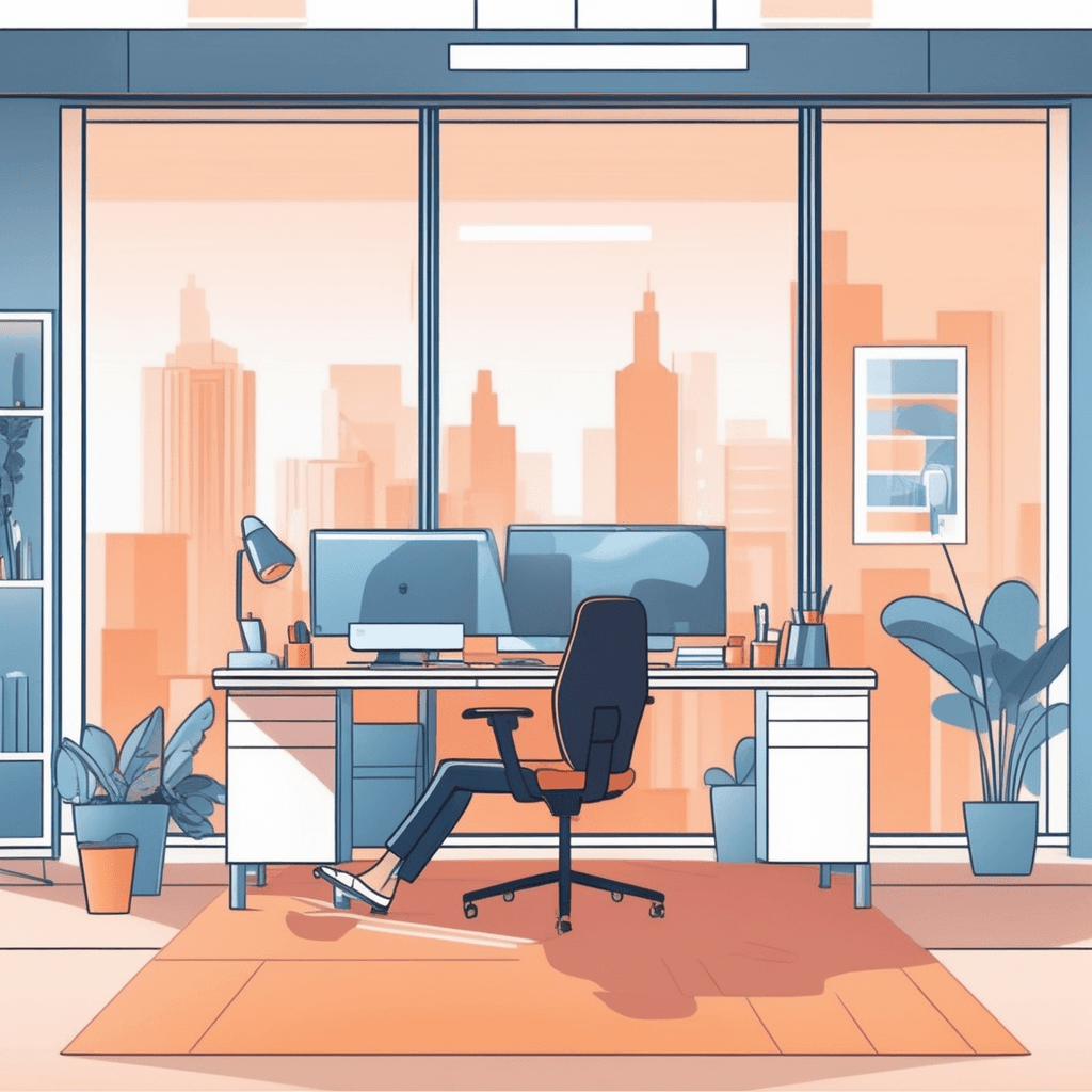 an office worker sits comfortably at a height-adjustable desk with proper posture. The worker's feet rest flat on the floor while their arms position naturally on an adjustable keyboard tray. The ergonomic chair supports their back perfectly with lumbar cushioning and armrests at ideal height. The computer monitor sits at eye level preventing neck strain. A colleague nearby stretches happily while working at a standing desk option. Other workers move freely around flexible workstations designed for comfort. equipment designed to provide optimum comfort and avoid stress or injury during use