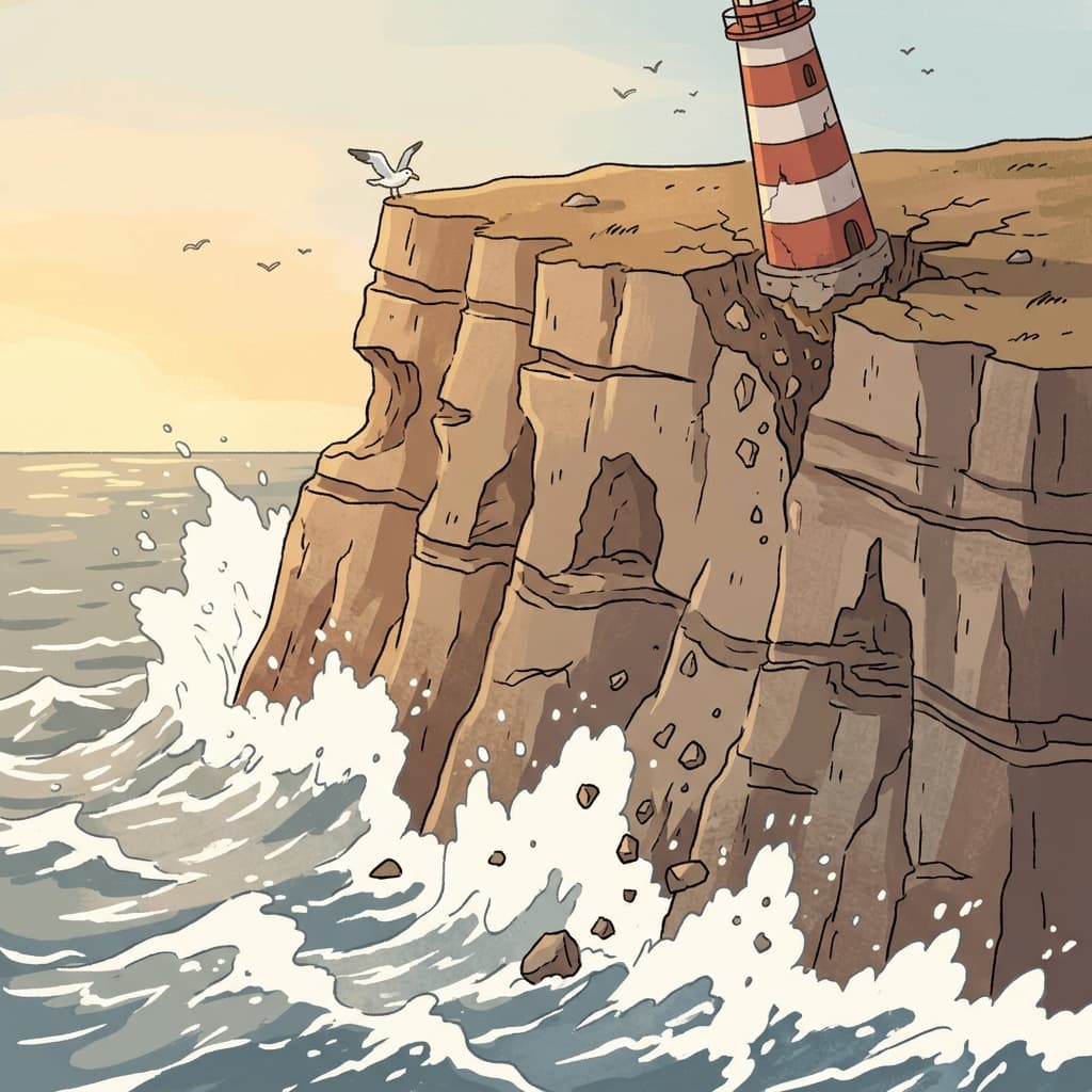 Ocean waves slowly erode the tall cliff into a crumbling shape.