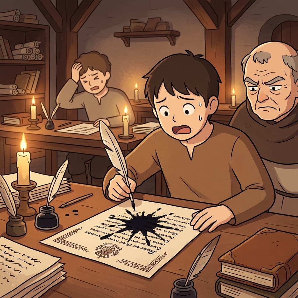 The young scribe began to err while copying the royal decree.