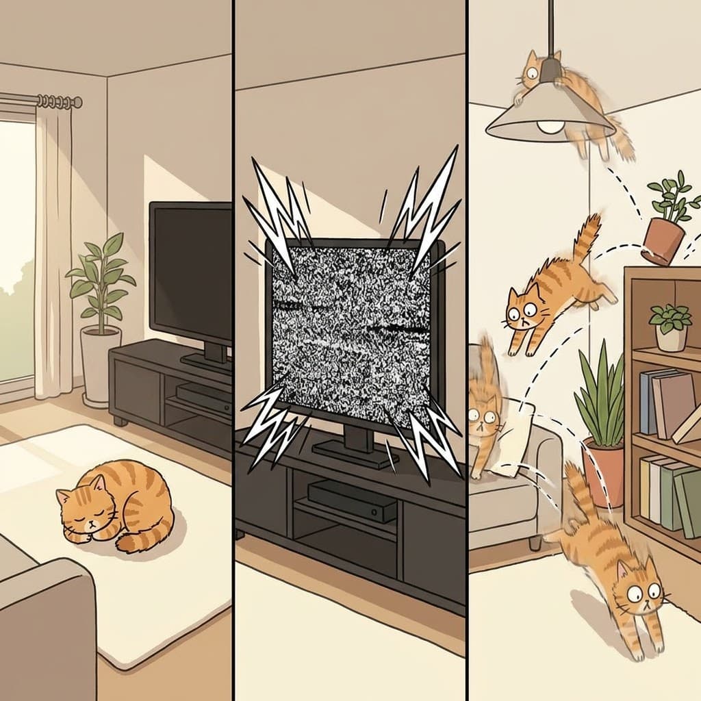 When the television suddenly exploded with loud, bright static, the terrified cat began bouncing off the walls in a completely erratic pattern.