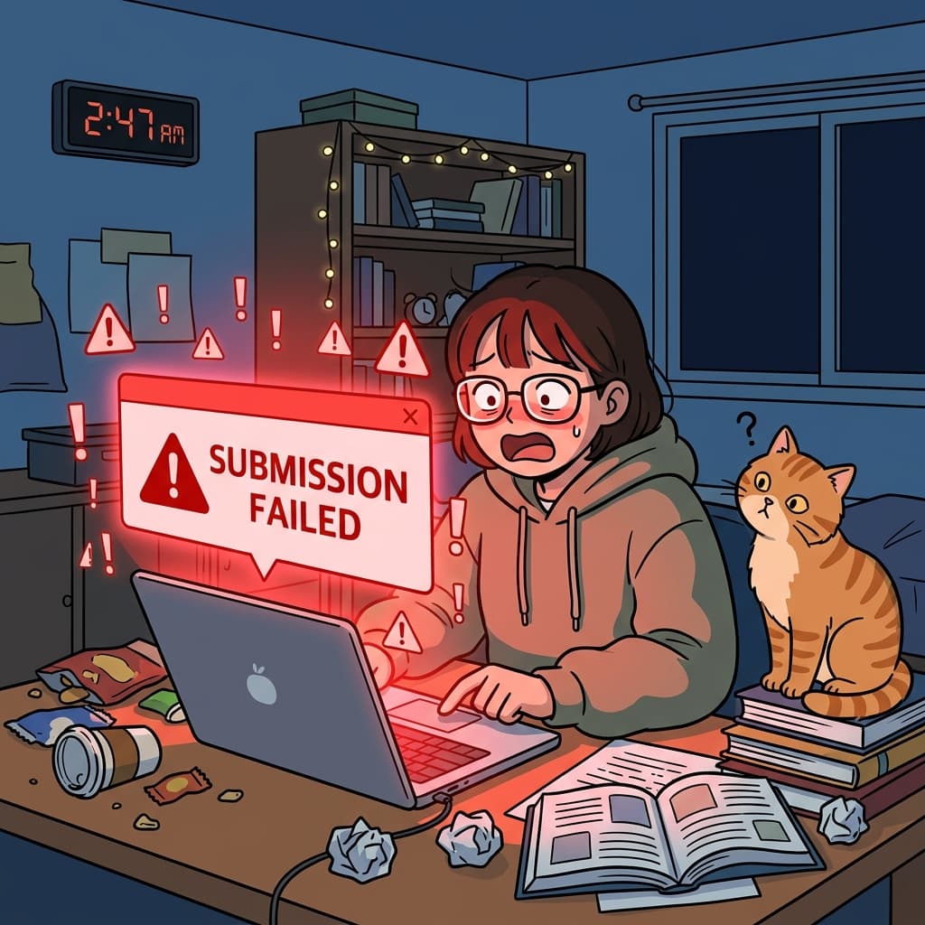A red error message pops up right when she hits submit on her essay.