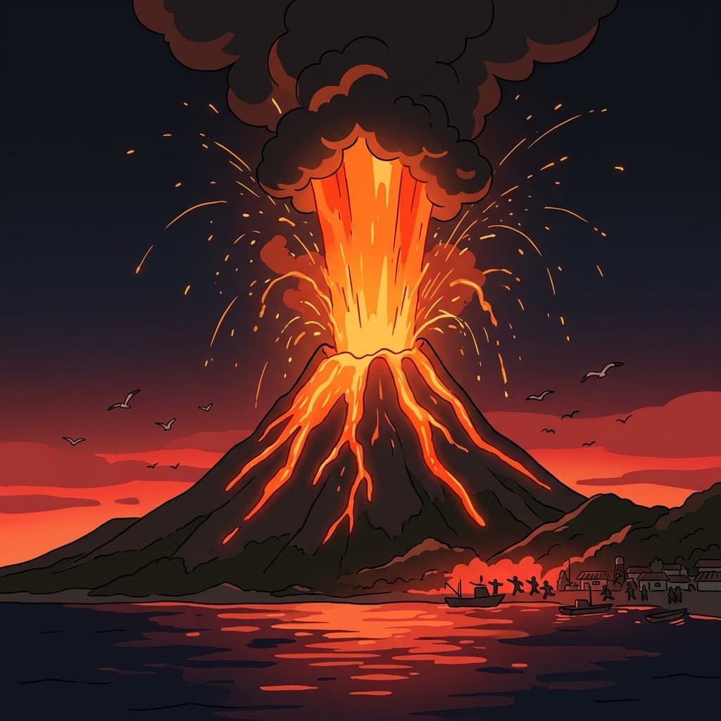 A massive volcanic eruption sends lava and ash high into the night sky.