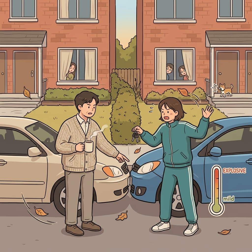 A minor argument over parking quickly escalates into a shouting match between neighbors.