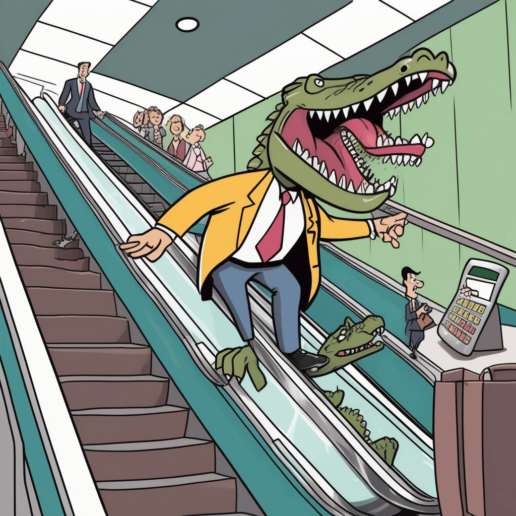 On the escalator with his calculator, unaware of the alligator!