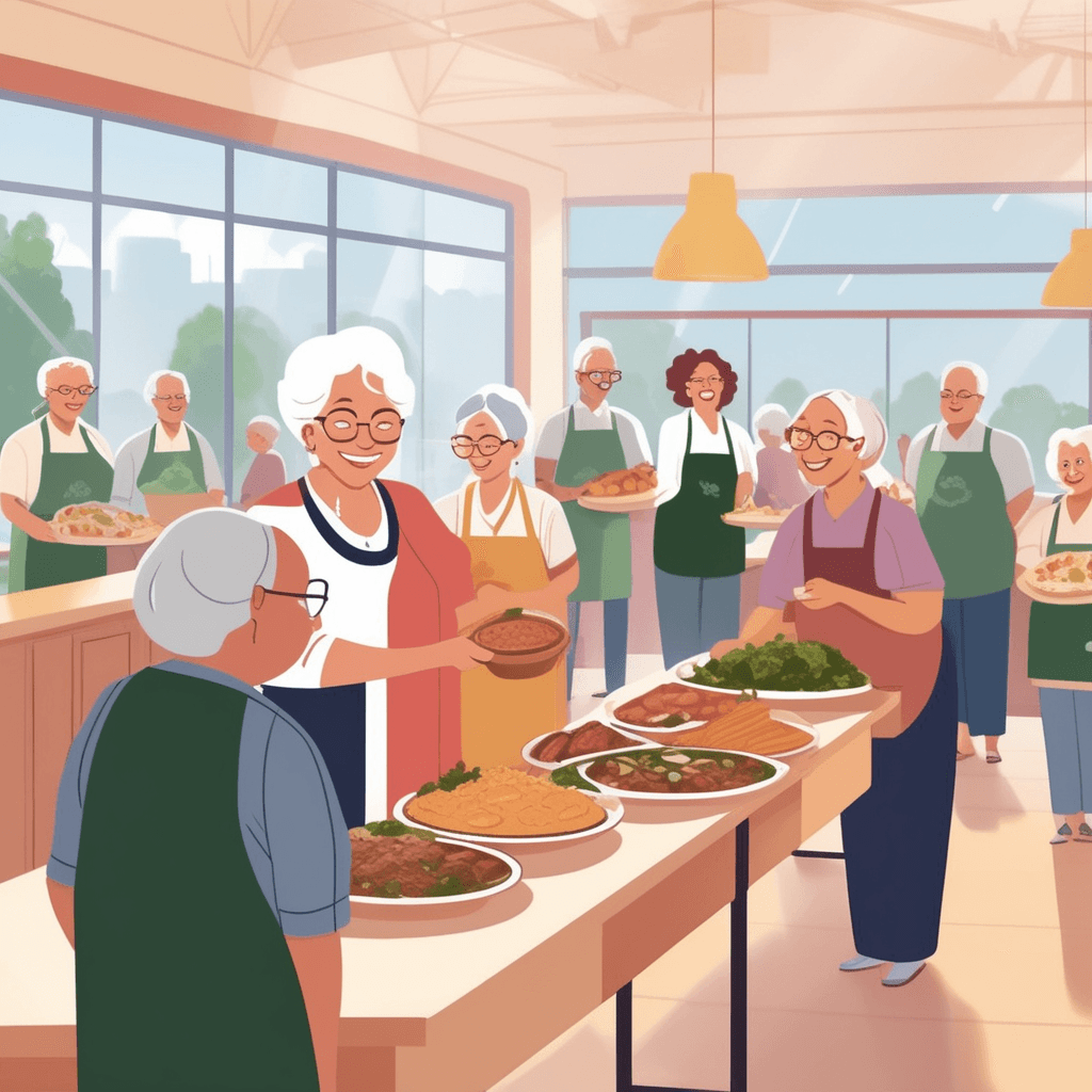 an elderly woman in an apron hands out warm meals to families from behind a serving counter. She smiles warmly as she carefully portions each plate with generous helpings. The families she serves look at her with genuine gratitude and deep respect in their eyes. Children point excitedly at the food while their parents bow their heads thankfully toward the volunteer. Other community members in the background watch the interaction with admiring expressions. Some volunteers nearby pause their own work to observe her dedication with clear appreciation. someone who is worthy of respect and admiration through her selfless service