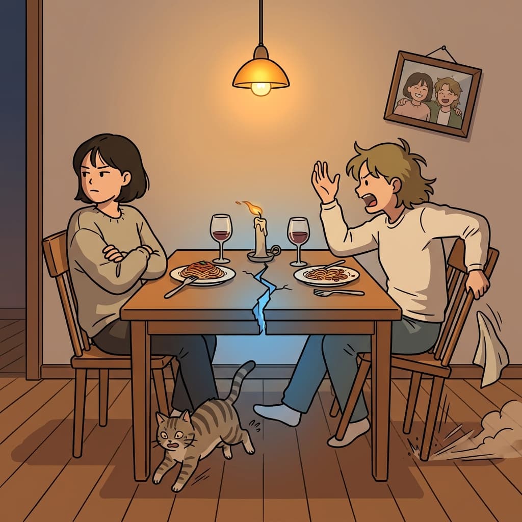 A bitter argument began to estrange the two lifelong friends at the dinner table.