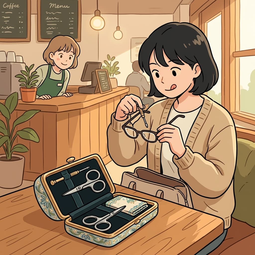 She pulled a tiny etui from her purse to fix her glasses at the cafe.