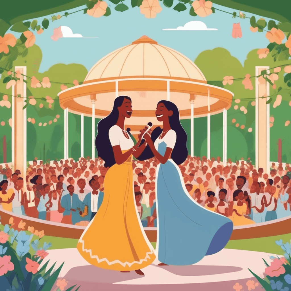 a talented vocalist performs a melodious song while gracefully gesturing with flowing movements. Her voice creates visible musical notes that float gently through the air around her. The beautiful melody causes flowers to bloom brighter and birds to gather on nearby branches. Children and adults in the audience close their eyes with peaceful smiles, swaying gently to the harmonious sounds. Some audience members hold their hands to their hearts, clearly moved by the musical beauty. the quality of being pleasing to the ear through harmonious sound