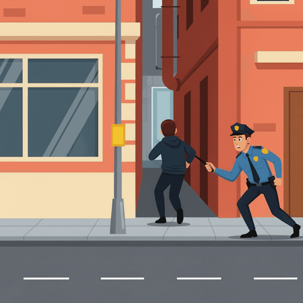 A thief skillfully evades a police officer by slipping into a narrow alley during a chase.