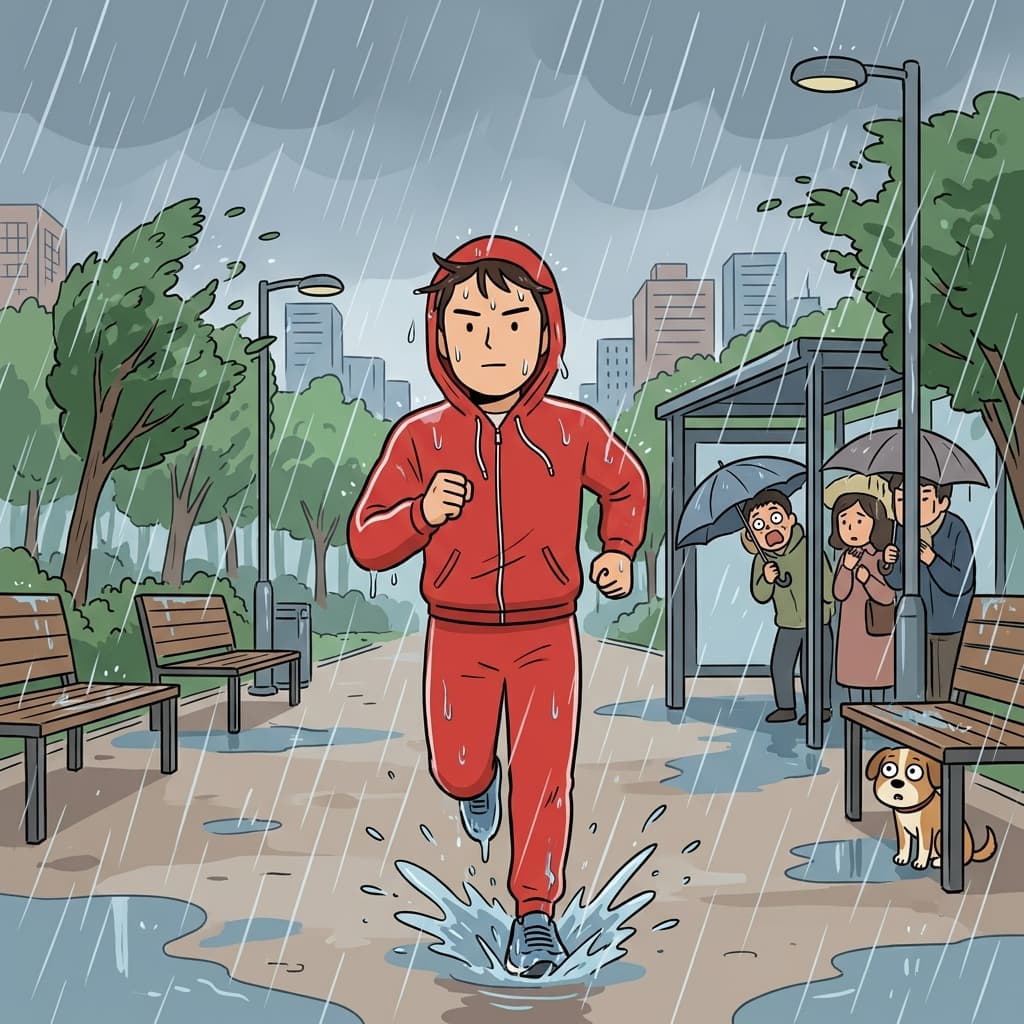 Even though it was pouring rain, he kept jogging along the park path.