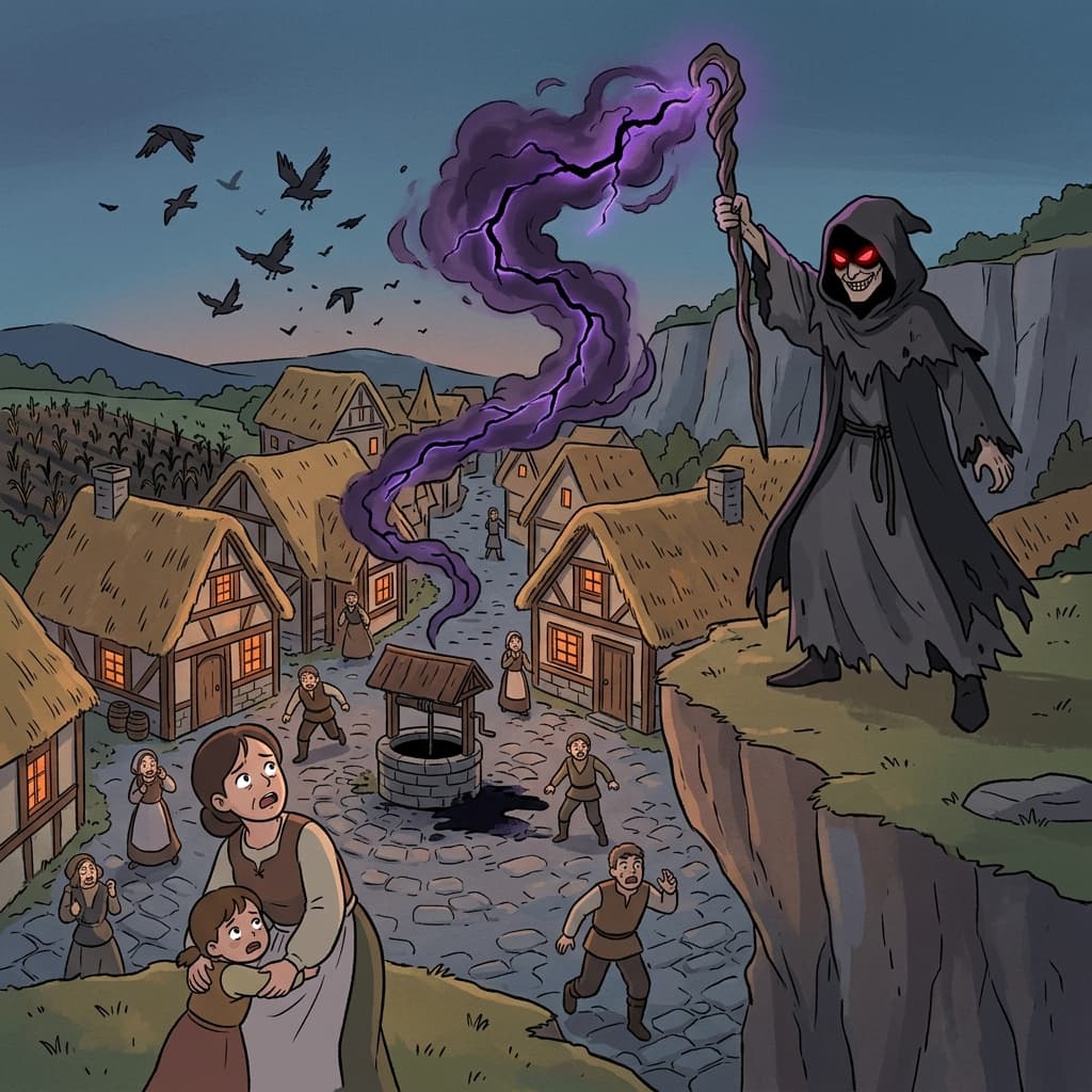 The evil sorcerer unleashes dark magic upon the peaceful village.
