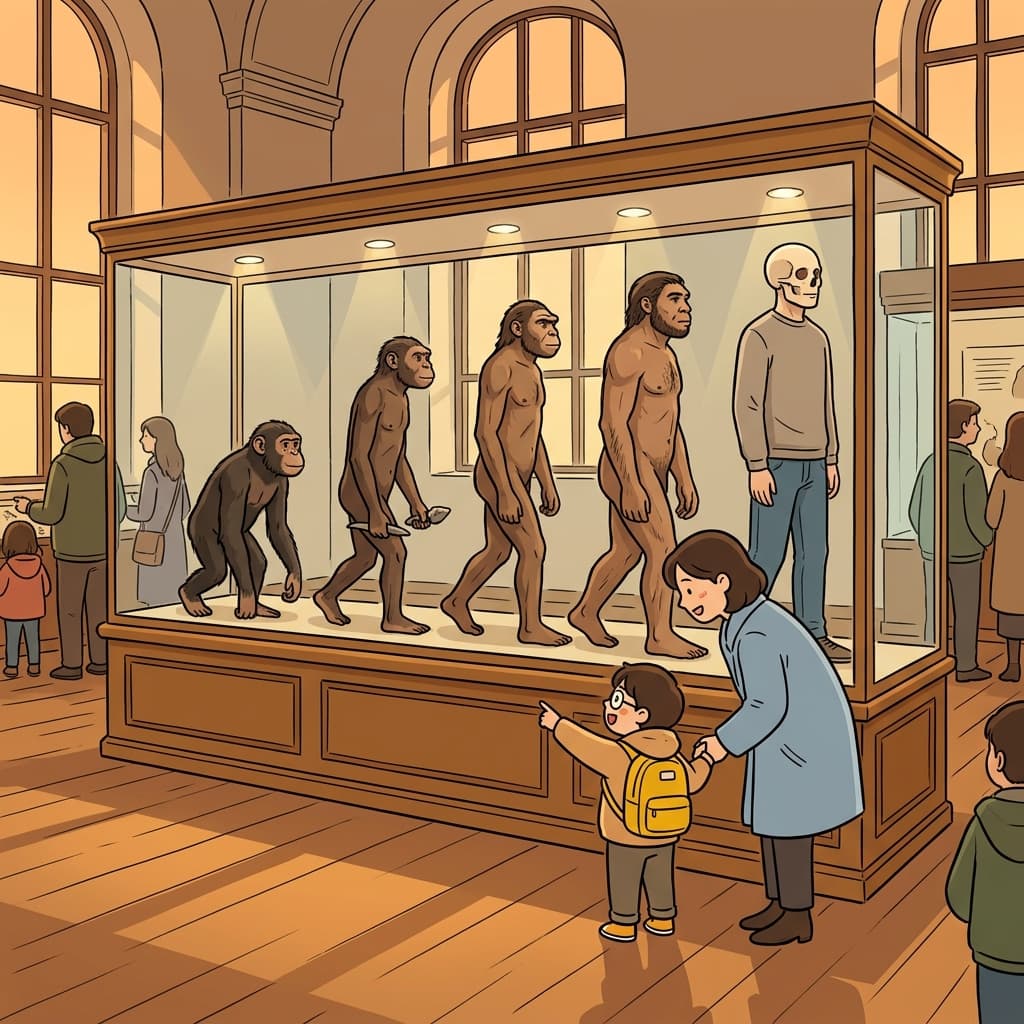 A museum display shows the evolution of humans from ape to modern person.
