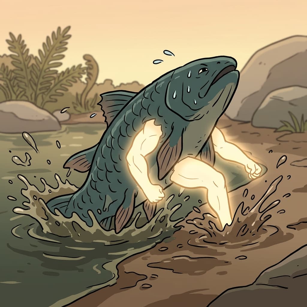 The fish evolved evolutionarily by dragging itself onto land and growing powerful legs.