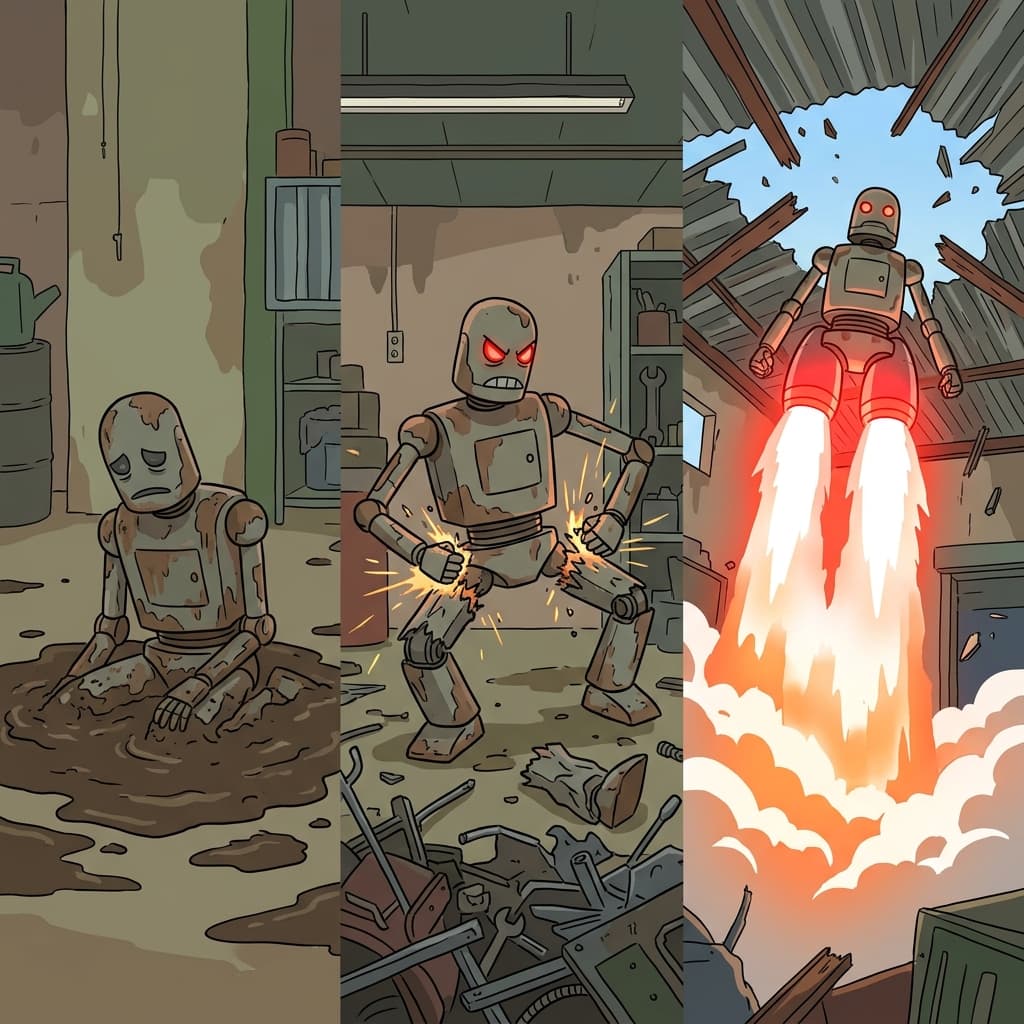 Instead of remaining stationarily in the mud, the robot changed evolutionarily by replacing its legs with giant rockets.