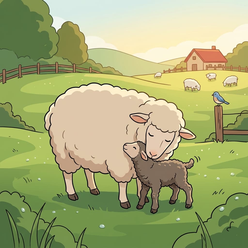 The ewe nuzzles her newborn lamb in the morning pasture.