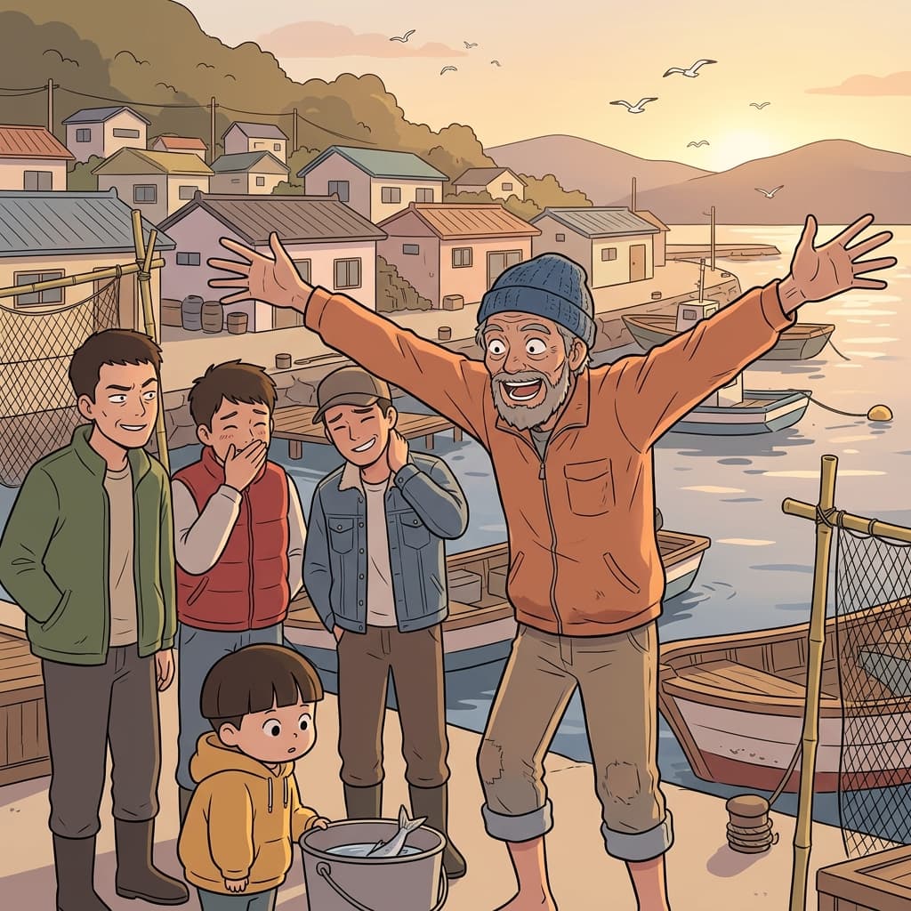 Fishermen exaggerate the size of their catch with absurdly wide arm gestures.