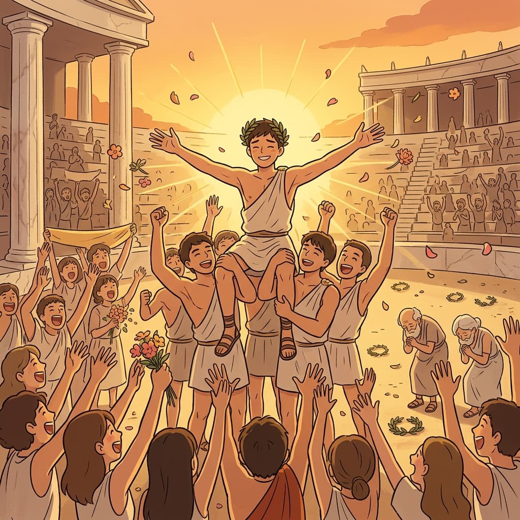 The crowd exalt their young champion after his stunning Olympic victory.