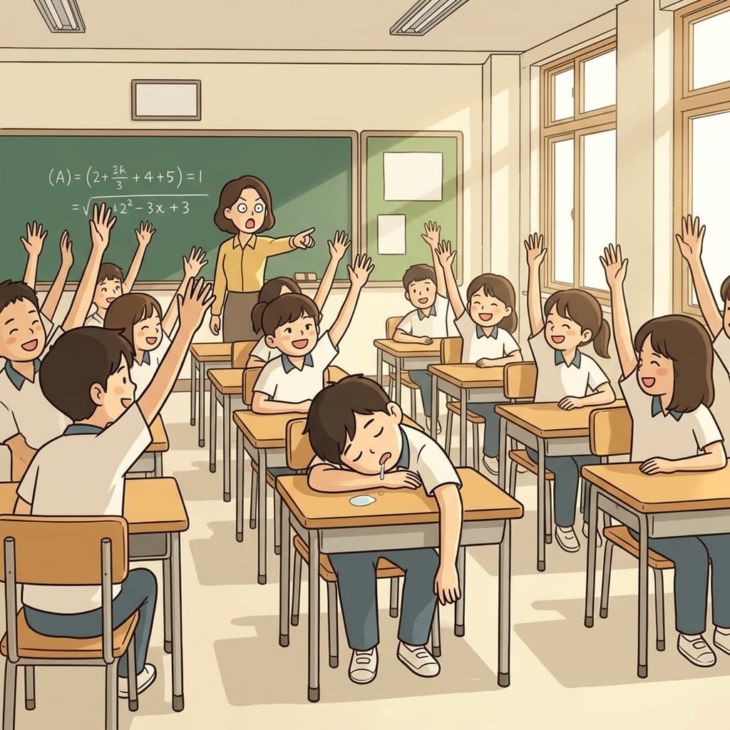 Everyone in the class raised their hand except Tom, who was fast asleep.