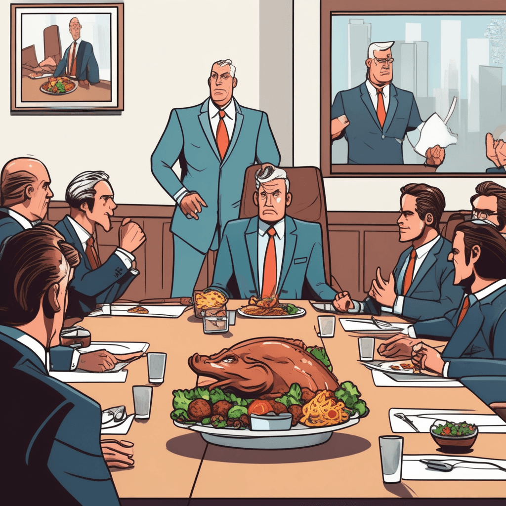 a businessman in a wrinkled suit loudly interrupts the meeting while eating messy food and putting his feet up on the conference table. He speaks with his mouth full while crumbs fall onto important documents spread across the table. The other executives around the table lean back with shocked expressions and frowning faces. Several colleagues exchange disapproving glances and shake their heads at his inappropriate conduct. One person covers their face with their hand in embarrassment. behavior that is open to objection and clearly offensive to others