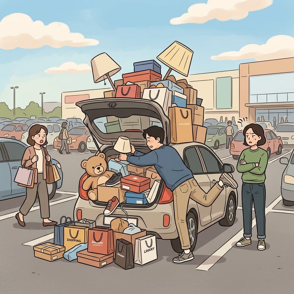 His excessive shopping filled the trunk until it wouldn't close.