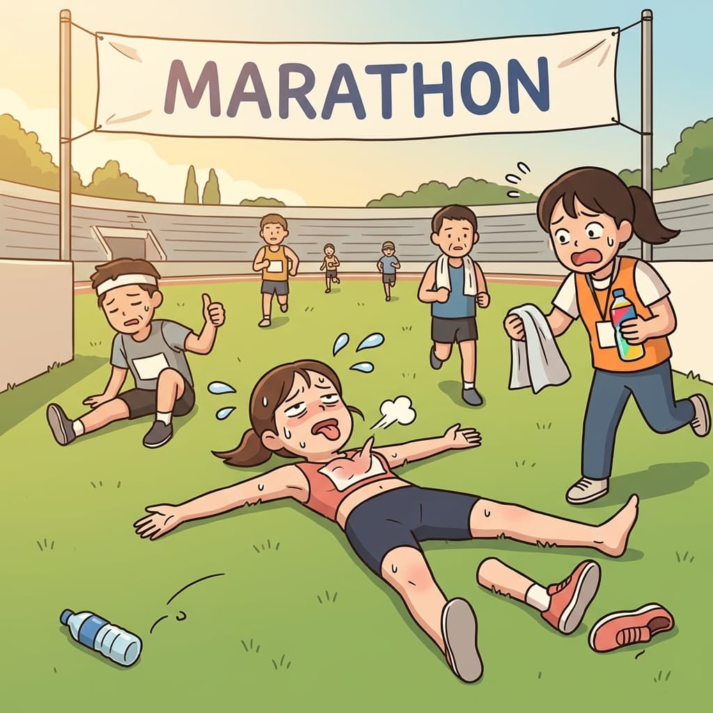 After the marathon, she felt completely exhausted and collapsed on the grass.