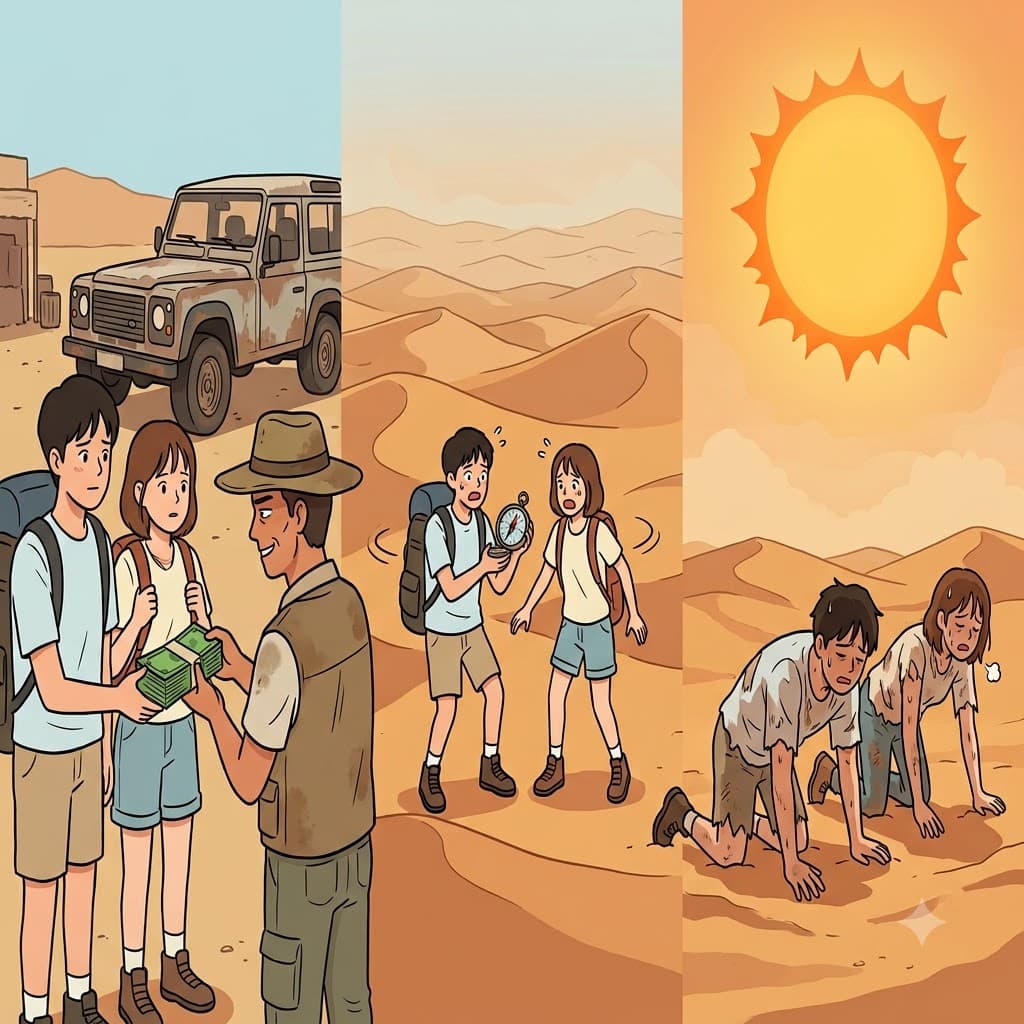 At a terrible cost, the travelers got completely lost in the hot desert, leaving them completely exhausted.