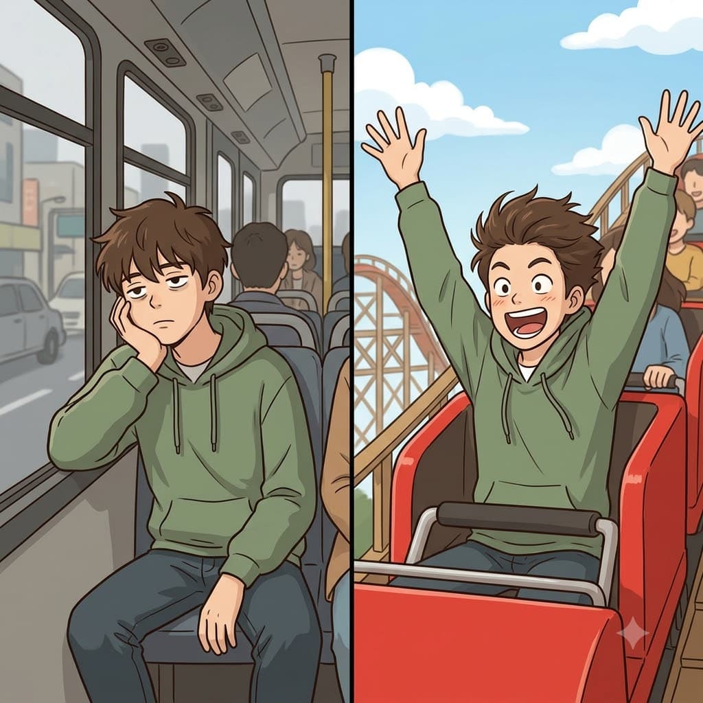 The fast rollercoaster filled the boy with pure exhilaration after his boring ride on the bus.