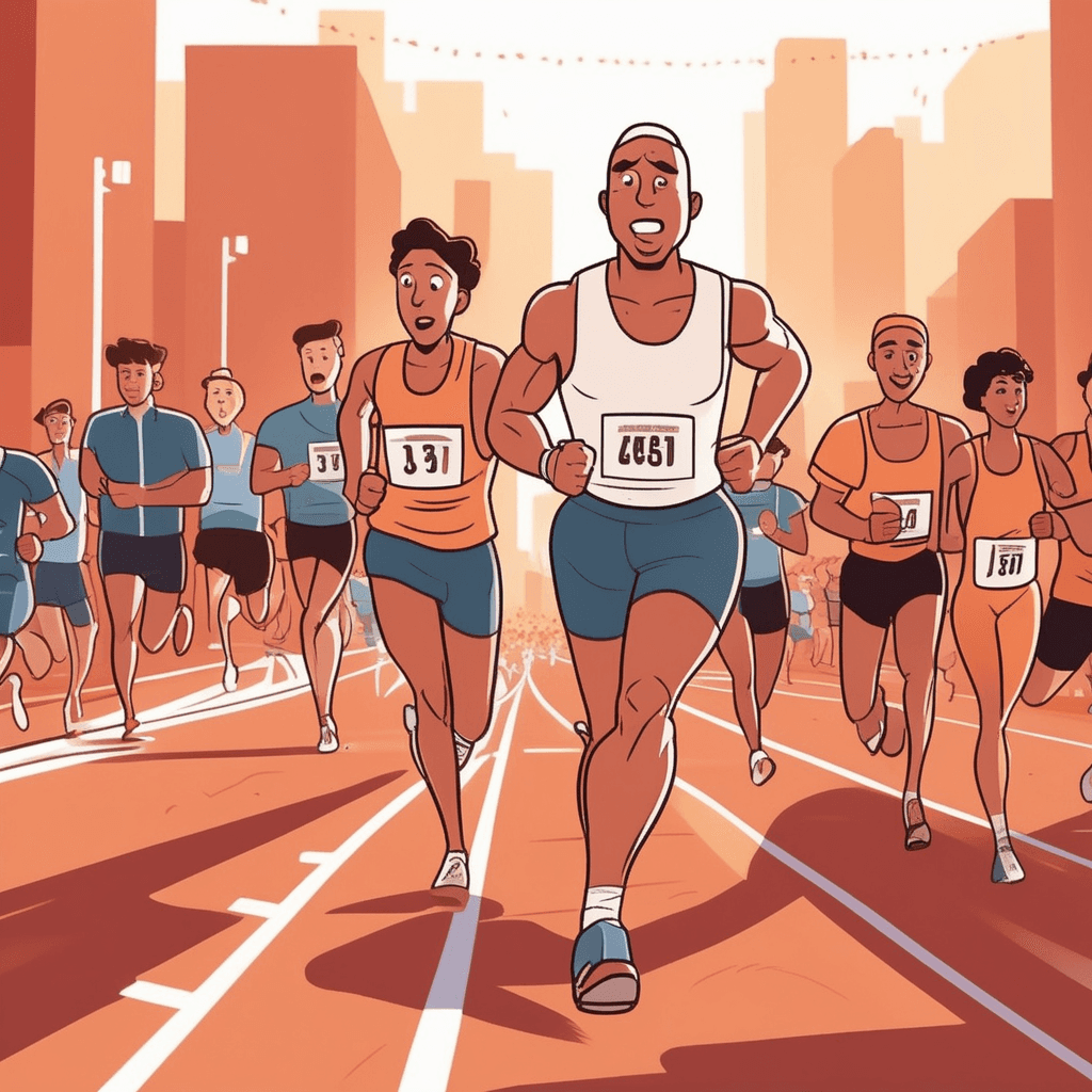a determined coach leans forward with raised fists and an animated expression, shouting encouragement at a tired runner. The coach's body language shows intense motivation as they gesture energetically toward the nearby finish line. The exhausted runner looks ready to give up but begins to lift their head in response to the coach's words. The runner's pace starts to quicken as renewed determination crosses their face. Spectators in the background cheer and wave their arms to support the struggling athlete. Other runners who have already finished turn to watch the encouraging scene unfold. someone being strongly encouraged and urged to push forward and complete their goal