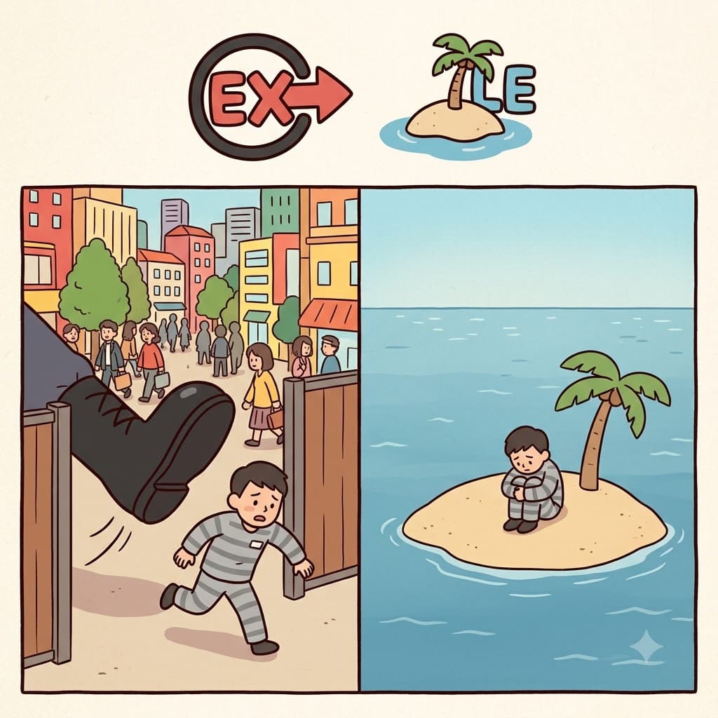 EX (out) + ILE (island) — by kicking the criminal EX (out) of the kingdom and sending him to a lonely ILE (island), the king finalized his exile.