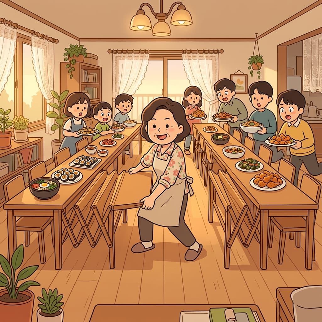 The expansible dining table stretches out to seat the whole family for dinner.