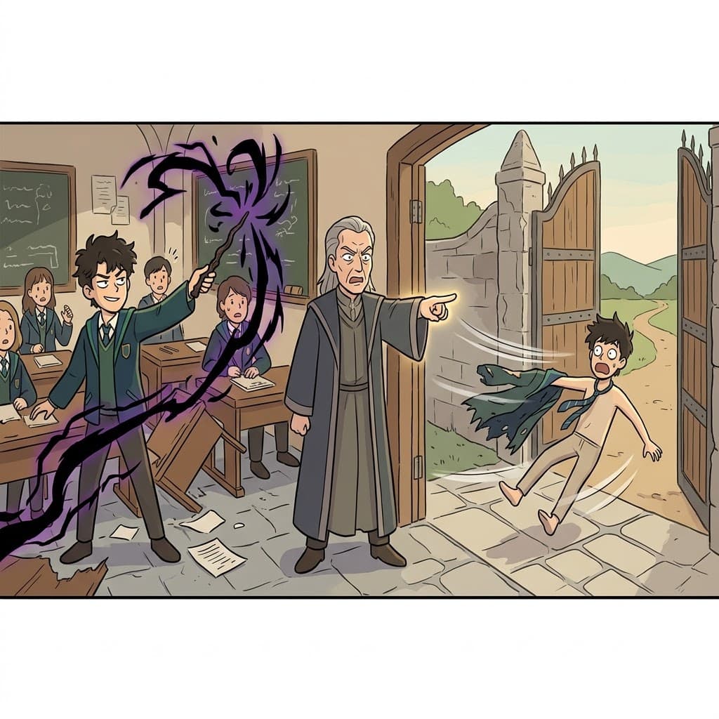 Because he cast a forbidden dark spell, the magic academy decided to permanently expel him.