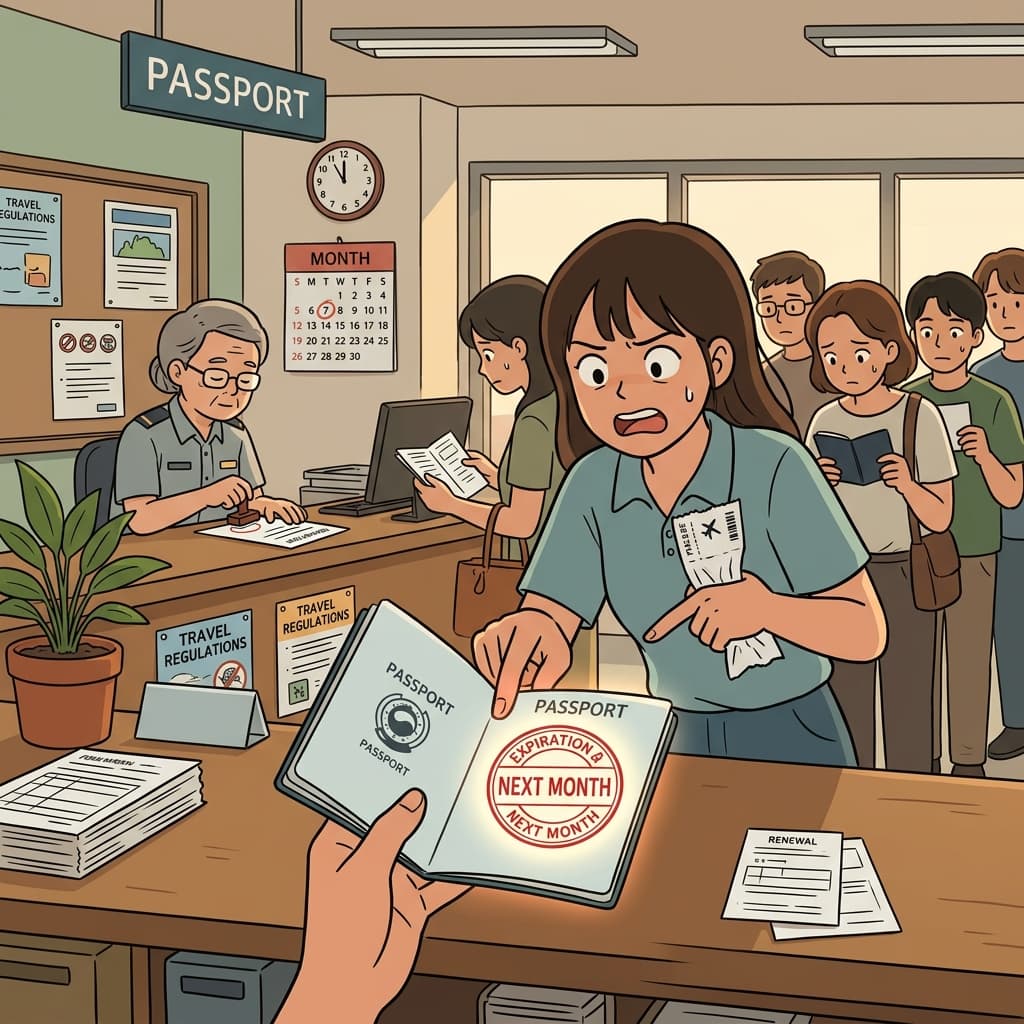 Her passport will expire next month, so she rushes to renew it before the trip.