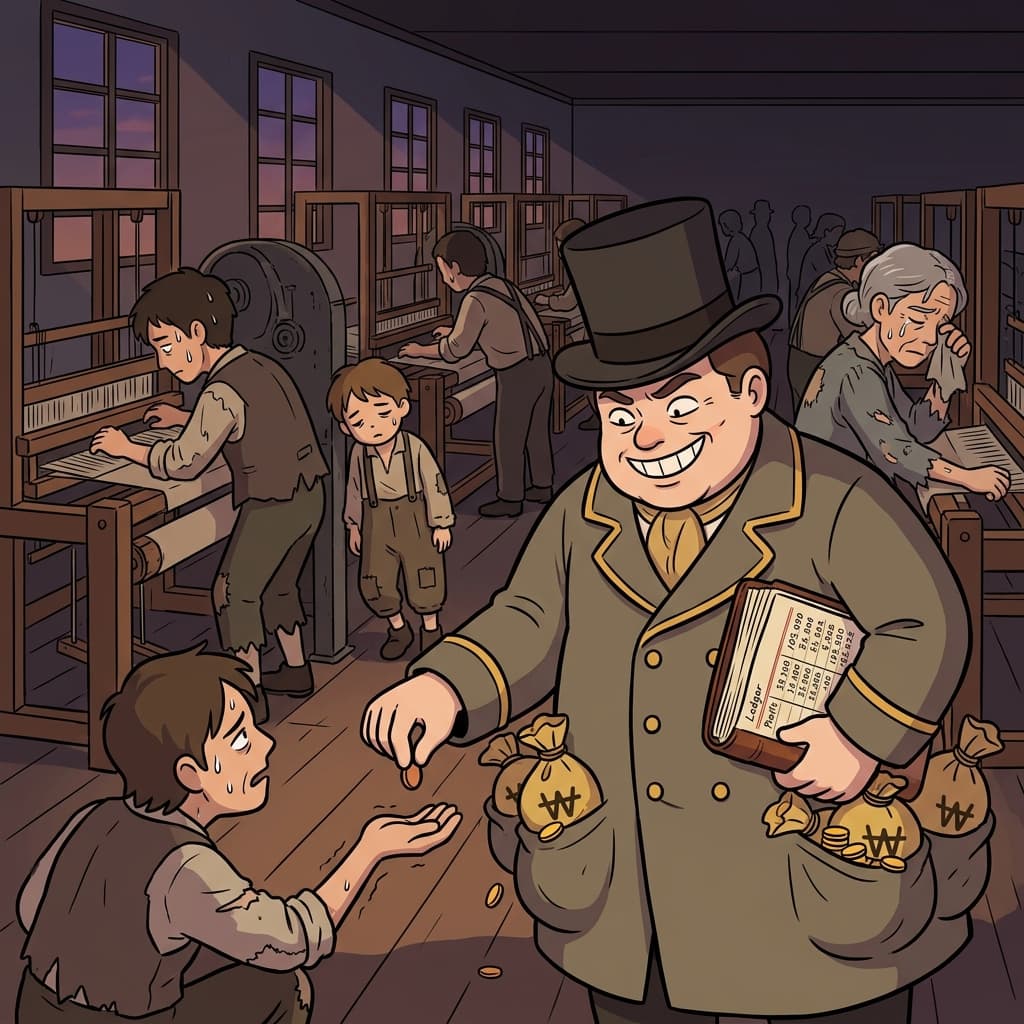 The factory owner is exploitative, paying workers pennies for endless hours.