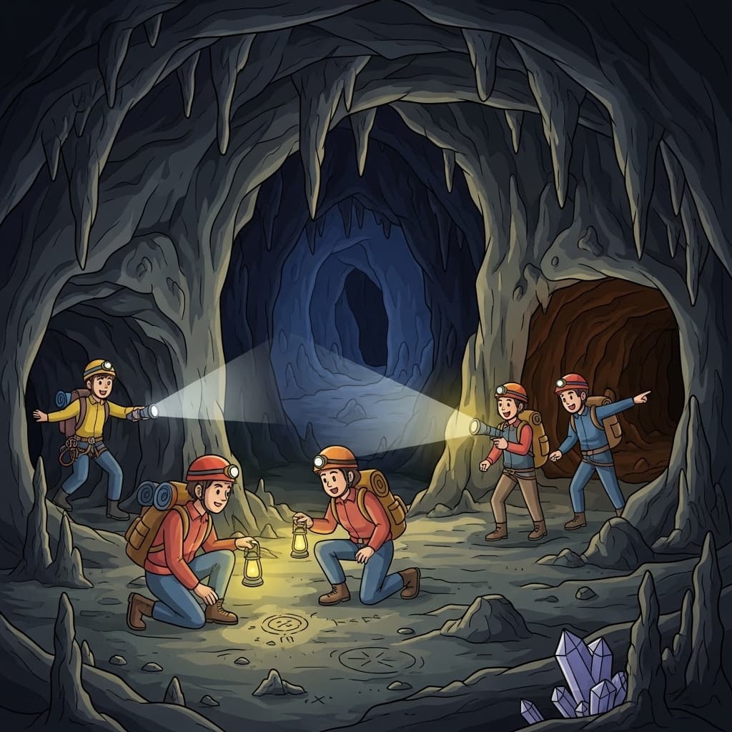 Explorers carefully explore a mysterious cave searching for hidden passages and discoveries.