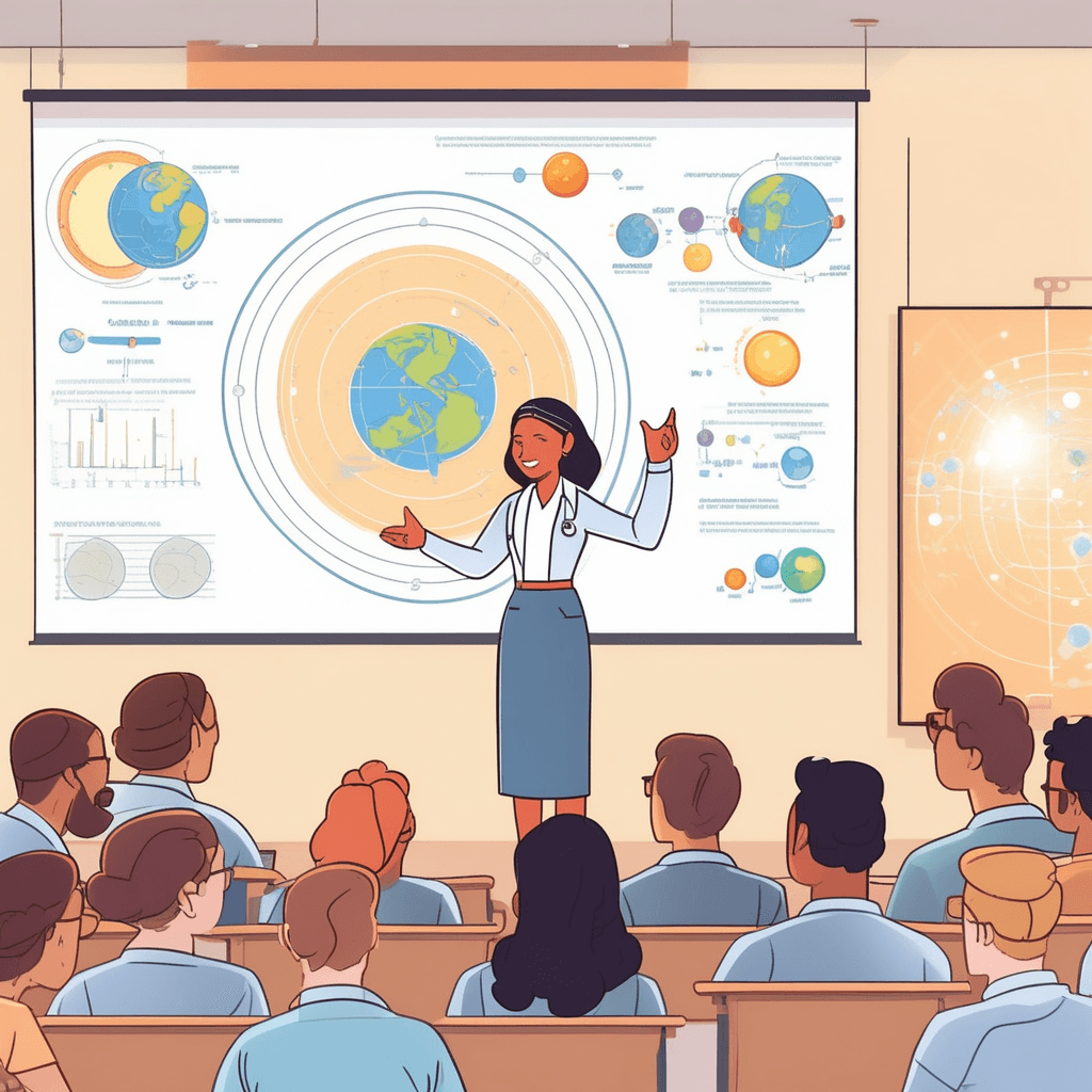 a professor points to a large detailed diagram showing the solar system while gesturing enthusiastically. She explains complex concepts with charts, models, and visual aids spread across multiple boards. Students lean forward attentively as she breaks down each planetary orbit and gravitational relationship. The professor uses her pointer to connect different elements of the diagram, showing how all parts work together. Several students take notes while others nod in understanding as the complex theory becomes clear. a comprehensive description and explanation of an idea or theory