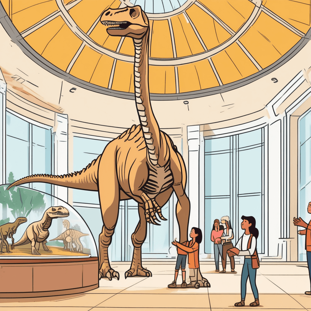 a museum guide points toward a large dinosaur skeleton while gesturing expressively to explain its features. She uses her hands to show the size and shape of different bone parts to make the information clear. A group of fascinated children and adults listen intently as she describes what they are seeing. Their faces show understanding and interest as the complex information becomes accessible through her explanations. The guide's animated gestures and the audience's engaged expressions create a perfect teaching moment. information being presented in an expository manner to help others understand and learn