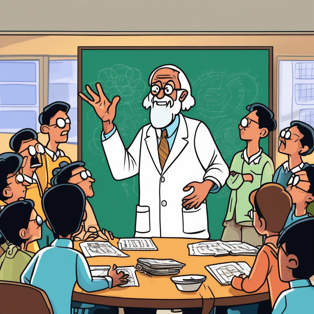 He expounds profound theories to students gathered around!