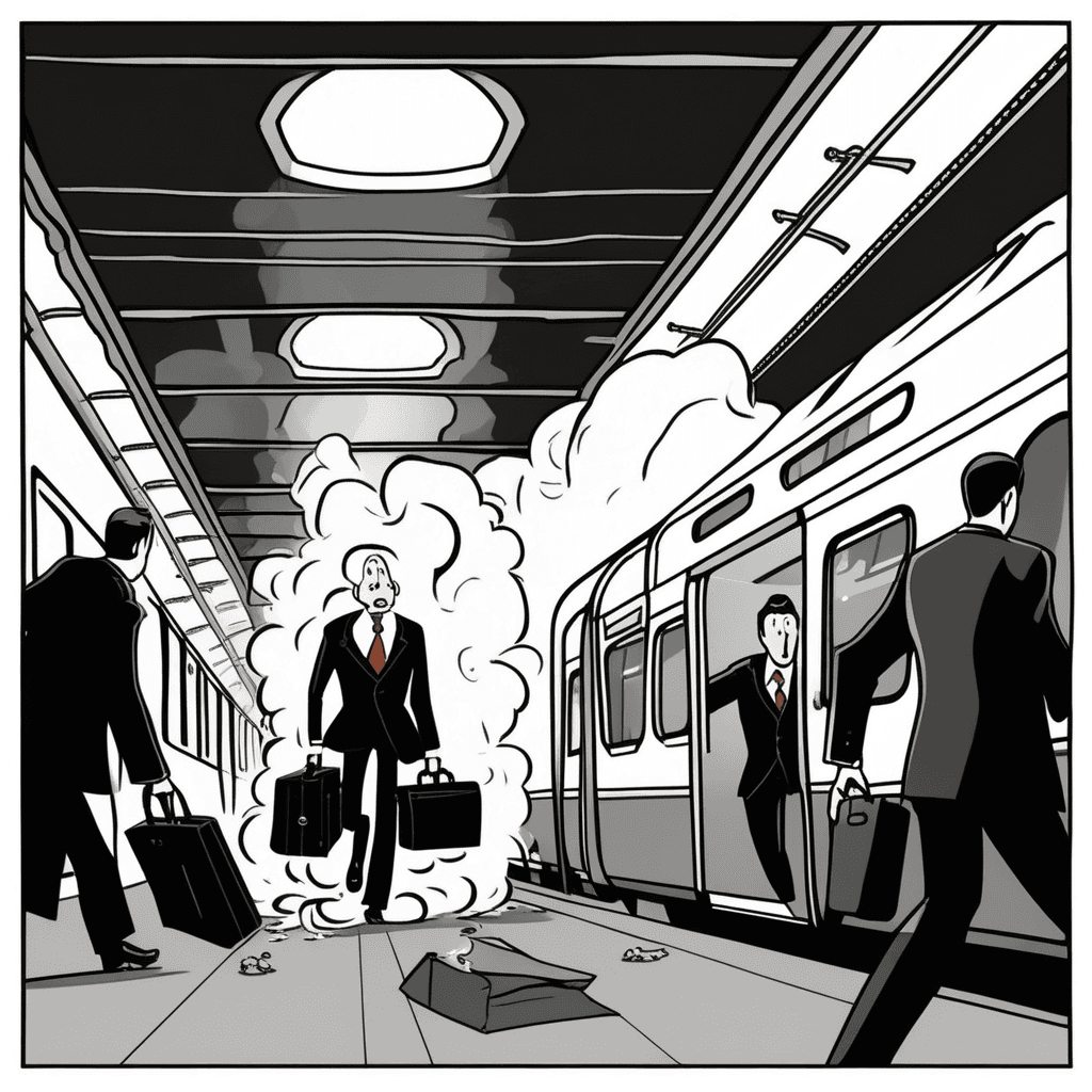 Racing for the express train, he tries to suppress his distress!